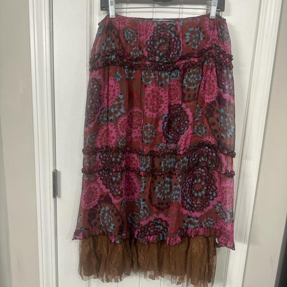 WDNY Silk Boho Midi Skirt | Whimsigoth Floral Lace Hem Skirt | Y2K Fairycore. M